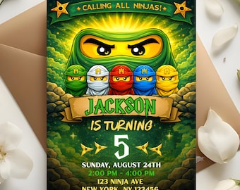 Invitación de cumpleaños ninja, fiesta ninja verde, estilo bloques de construcción (descarga digital)