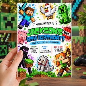 May include: A Minecraft-themed birthday invitation card featuring pixelated characters including Steve, a chicken, a creeper, a pig, an enderman, a wolf, and Alex. The text reads: You're invited to Jackson's 8th birthday! Come play, explore, celebrate!