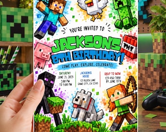 Pixel Block Birthday Invitation Template, Gamer Party Invite (Digital Download)