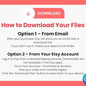 May include: A graphic with instructions on how to download files from Etsy. The image features a red banner with the word "DOWNLOAD" and a circular arrow. Text explains downloading from email or Etsy account.