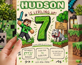 Pixel Block Birthday Invitation, Gamer Birthday Invitation, Block Party Invite, Kids Canva Template, Digital Download, Mine Block World
