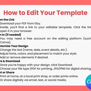 May include: A guide titled "How to Edit Your Template" with numbered steps. Instructions include opening a link, signing in, customizing the design, saving and downloading, and printing or sharing. The Canva logo is in the bottom right corner.