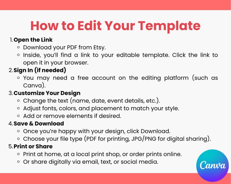May include: A guide titled "How to Edit Your Template" with numbered steps. Instructions include opening a link, signing in, customizing the design, saving and downloading, and printing or sharing. The Canva logo is in the bottom right corner.