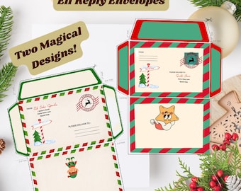 Op de afbeelding: Printbare Santa Mail & Elf Reply Envelopes. Er worden twee magische ontwerpen getoond. De enveloppen hebben een rode en groene rand met een Noordpooladres en een kerstmanstempel. Eén envelop heeft een sterrenpersonage.