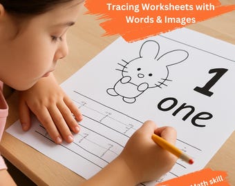May include: A child is using a pencil to trace the number one and the word "one" on a worksheet. The worksheet is part of a set of "Printable Numbers 1 to 100 Tracing Worksheets with Words & Images". A cartoon bunny is also on the worksheet.