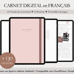 Peut inclure: Carnet numérique en français avec une couverture rose, affiché sur une tablette. L'image présente les caractéristiques du carnet : 10 visuels de couverture, 12 sections et 20 modèles de pages. Comprend 130 autocollants. Compatible avec iPad et tablettes Android.