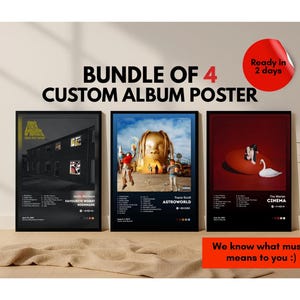 May include: A bundle of four framed custom album posters. The posters feature album art and tracklists. The text "BUNDLE OF 4 CUSTOM ALBUM POSTER" is at the top. A red sticker says "Ready in 2 days". The text "We know what music means to you :)" is at the bottom.
