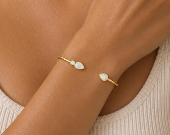 Personalized Opal Cuff Bangle, 18K Gold Plated Open Bangle, Custom Engraved Opal Bracelet, Meaningful Birthday Gift for Her, Christmas Gift