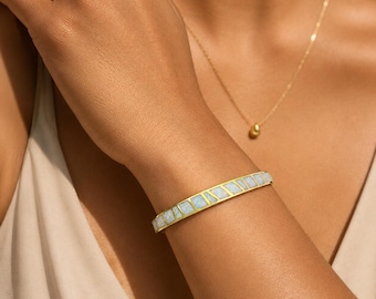 Opal Cuff Bracelet with Custom Engraving, 4 Colors Opal Bangle, 14K Gold Plated Adjustable Bangle, Meaningful Opal Jewelry,Xmas Gift for Her