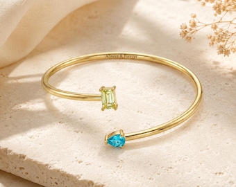 Personalized Double Birthstone Cuff Bangle, Custom Engraved Birthstone Bracelet, Meaningful Xmas Gift for Mom, Couple’s Birthstone Jewelry