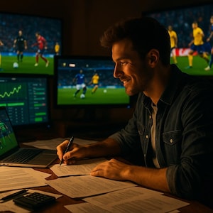 Peut inclure: Une personne sourit en écrivant sur du papier, entourée de plusieurs écrans affichant un match de football et des données financières. Un ordinateur portable et une calculatrice sont également sur le bureau. La scène est éclairée par la lueur des écrans.