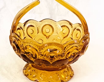 L E Smith Moon and Stars Amber glass candy basket bowl