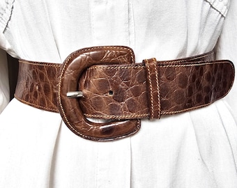 ヴィンテージブラウン本革クロコベルト - エンボス加工クロコダイルプリント - ボヘミアン風レザーバックル