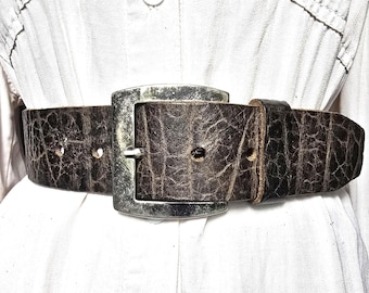 Vintage Red Temple Wide Brown Genuine Leather Belt - Rustic Western Heavy Leather - Chunky Antique Silver Buckle - Waist 84–97 cm | 33–38 in