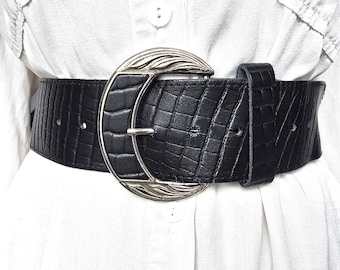 Croc Embossed Wide Black Leather Fashion Belt Gold Floral  display picture 2