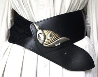 Vintage Extra Wide Corset Belt, Black Suede Leather Belt , Extravagant Boho Waist Belt