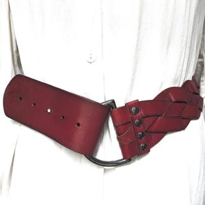 Vintage Burgundy genuine Leather Belt , Wide braided boho belt, D ring buckle