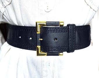 Vintage Navy Blue Genuine Leather Waist Belt - Gold Buckle - Old Money 80s Style - Fit to Waist 75-90 cm / 29-35 in