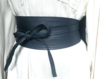 Cinturón Obi vintage de piel auténtica azul marino – Cinturón clásico para atar a la cintura – Cinturón minimalista para vestir