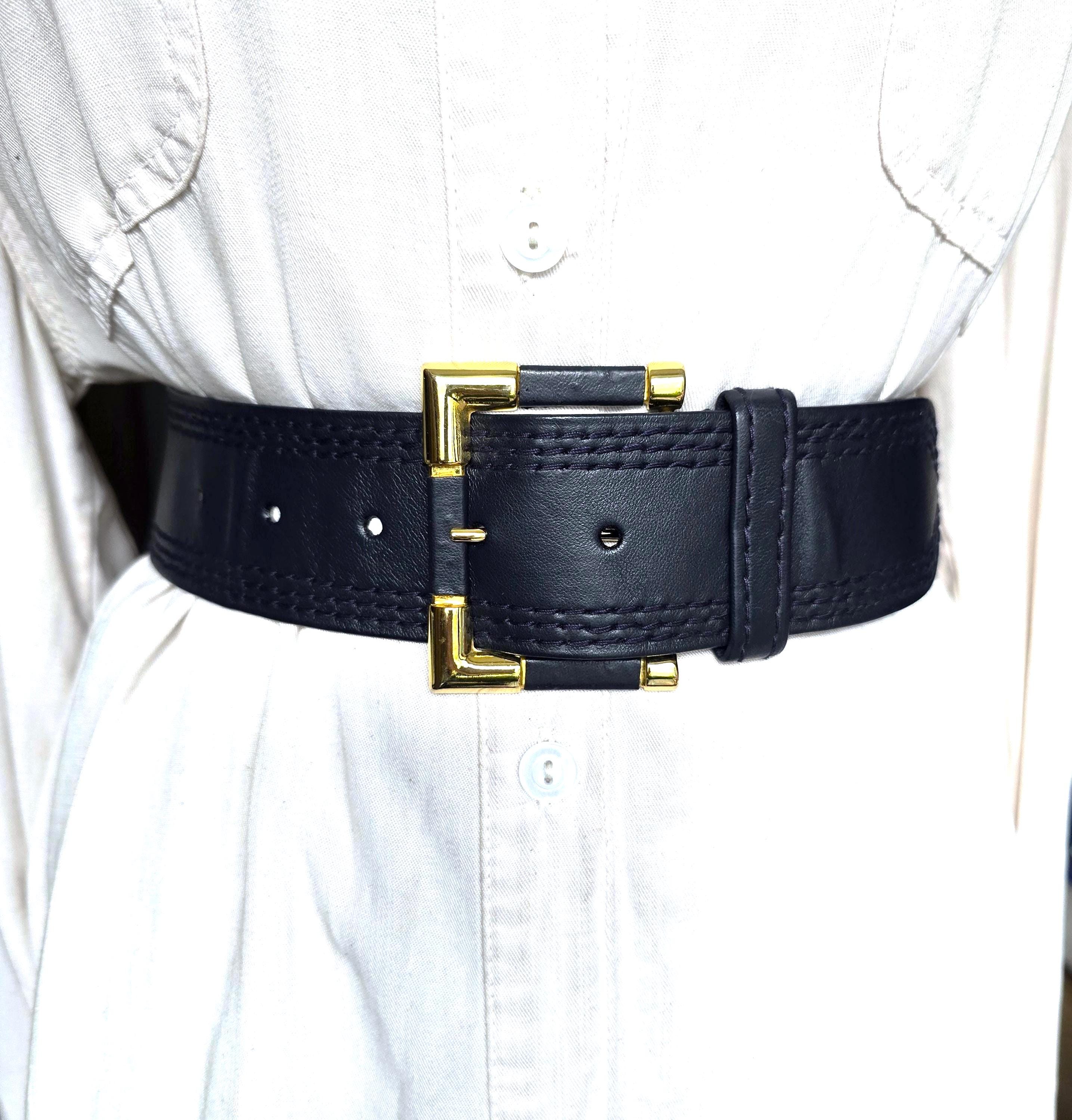 Vintage Navy Blue Genuine Leather Waist Belt - Gold Buckle  display picture 2