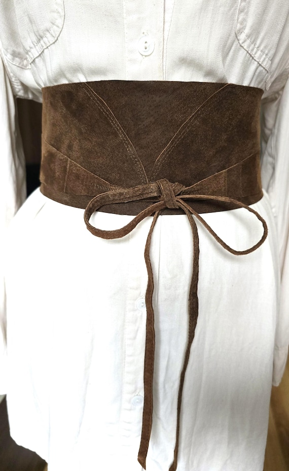 Brown Obi Tie Belt Vintage Suede Leather Dress Belt Classic Wide Wrap Waist Belt Fits Any Waist