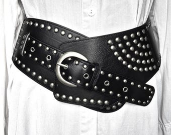 Multi Studs Eco Leather Statement Belt - Extra Wide Black Asymmetrical Gothic Belt - Boho Waist Hip Belt -