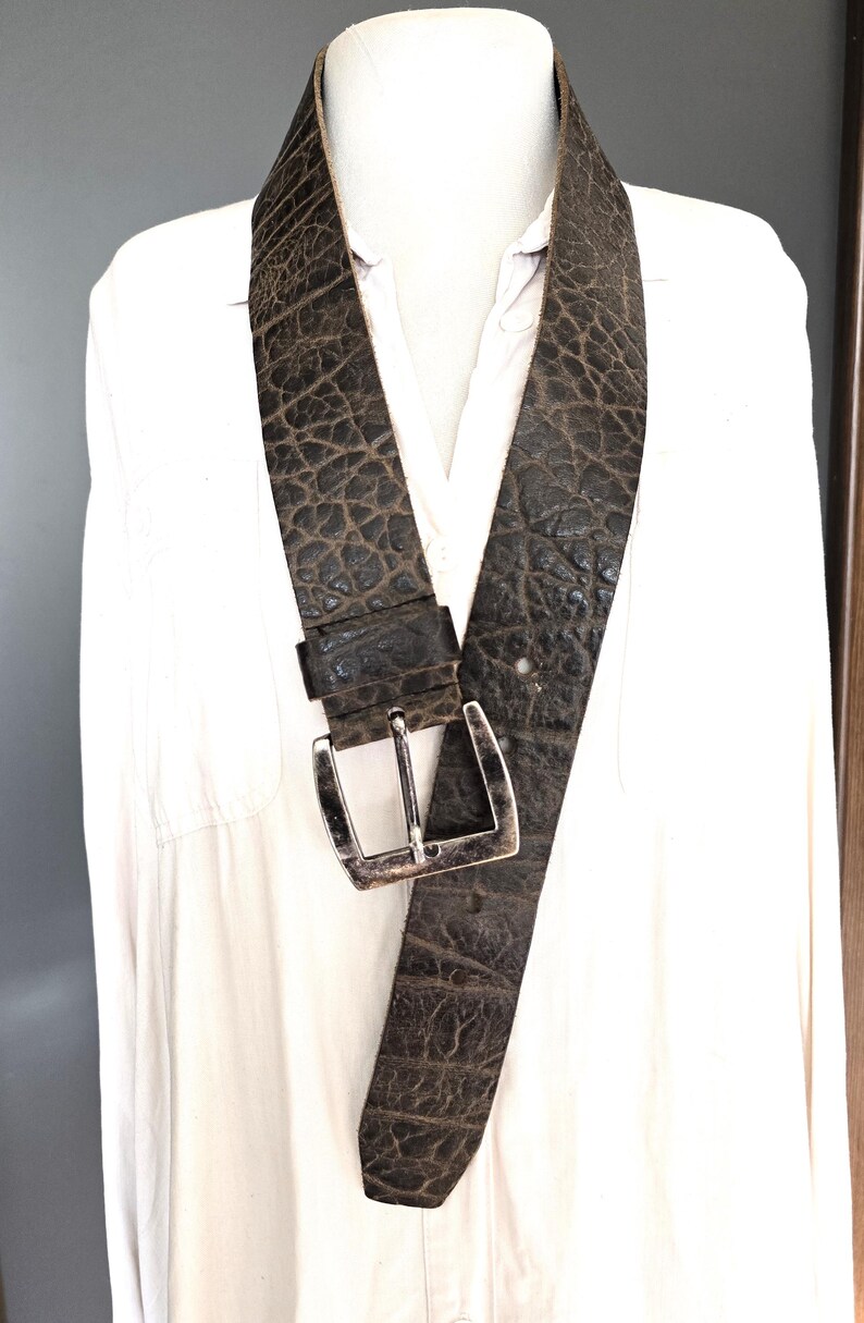 Vintage Red Temple Wide Brown Genuine Leather Belt - Rustic Western Heavy Leather - Chunky Antique Silver Buckle - Waist 84–97 cm | 33–38 in image 5