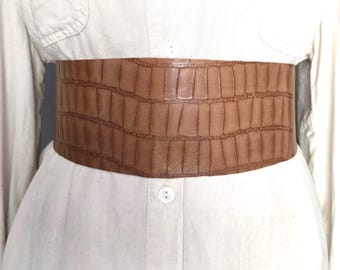 Cinturón corsé vintage de lujo con estampado de cocodrilo marrón - Cinturón ancho envolvente de cuero genuino