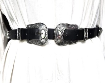 Vintage Brighton Western Concho Belt: Black Leather, Silver 