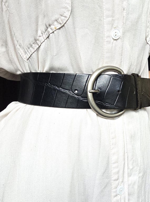 Vintage Wide Black Croco Embossed Belt - Genuine Leather  display picture 1
