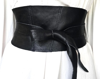 Vintage Classic Black Obi Tie Belt - Soft Genuine Leather Dress Belt - Wide Wrap Waist Belt