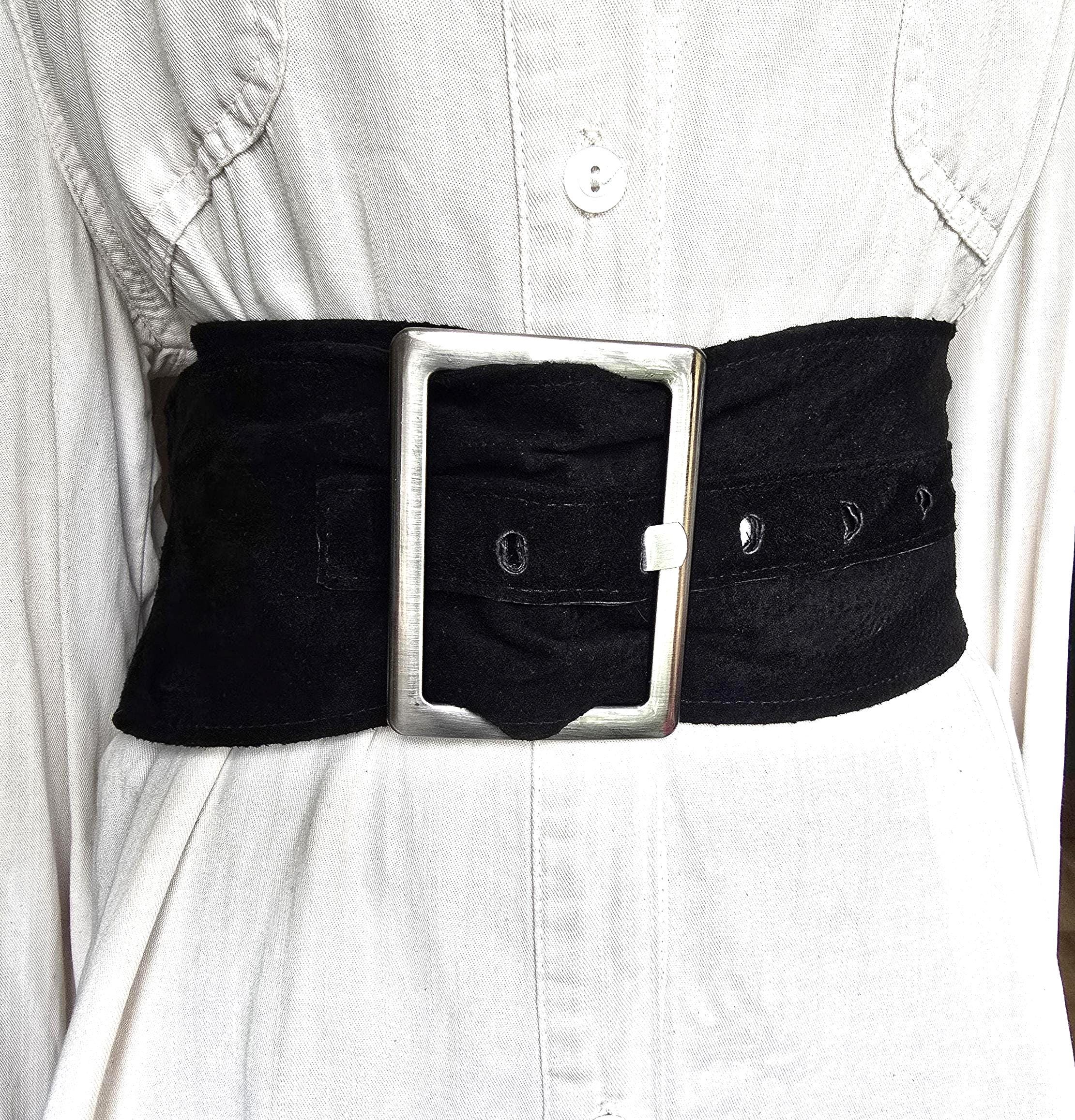 Vintage belt black leather suede strap & silver crescent shape buckle Size S Vintage Skinny Leather Belt with Silver Buckle - AMSHRTG  main image 2