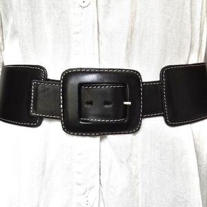 Vintage Extra Wide Black Genuine Leather Hip Belt - Distressed Waist Cincher - Dressed Chunky Rectangular Buckle Boho Belt