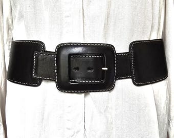 Vintage Extra Wide Black Genuine Leather Hip Belt - Distressed Waist Cincher - Dressed Chunky Rectangular Buckle Boho Belt