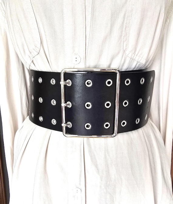 Black Waist Belt Gothic Extra Wide Eco Leather Multi Eyelets  display picture 3