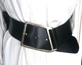 Vintage V Shaped Wide Black Genuine Leather Waist Hip Belt Gothic Punk Cincher Asymmetrical Antique Silver Buckle