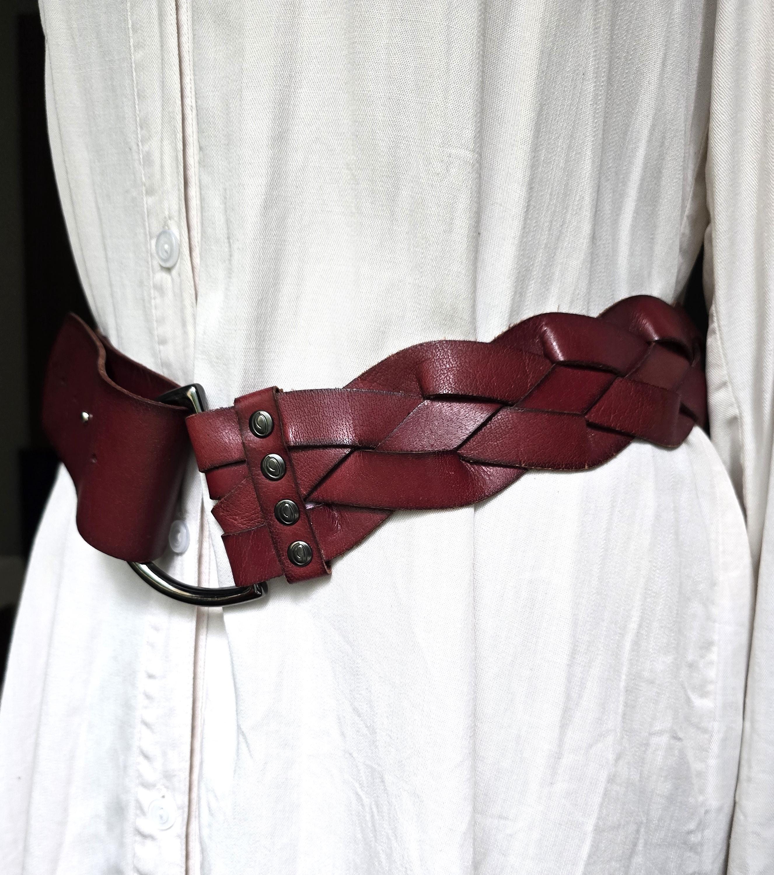 Vintage Burgundy Genuine Leather Belt , Wide Braided Boho  display picture 3