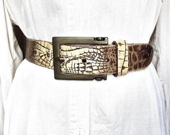 Vintage Y2K Brown Croco Genuine Leather Belt - Large Rectangular Buckle Belt - Retro Embossed Waist Belt