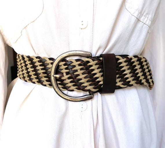 Vintage Wide Woven Leather Cinch Belt | Brown Braided Strap  display picture 2
