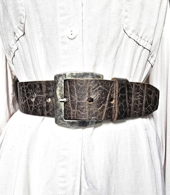 Vintage Red Temple Wide Brown Genuine Leather Belt - Rustic Western Heavy Leather - Chunky Antique Silver Buckle - Waist 84–97 cm | 33–38 in