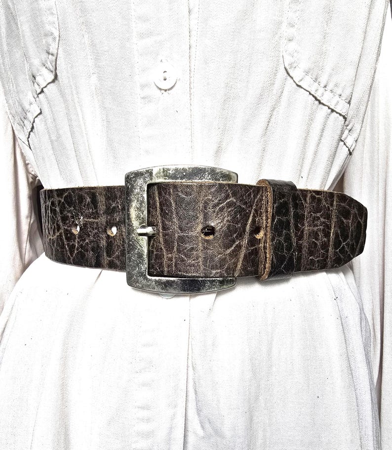 Vintage Red Temple Wide Brown Genuine Leather Belt - Rustic Western Heavy Leather - Chunky Antique Silver Buckle - Waist 84–97 cm | 33–38 in image 1