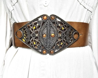 Vintage Wide Genuine Leather Dress Belt - Art Nouveau Waist Cincher - Boho Statement Piece - Ornate Amber Stone Buckle -