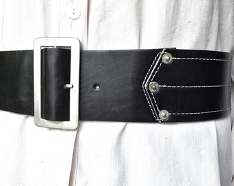 Vintage Wide Black Leather Belt , Asymmetrical belt ,Eco leather Boho Waist Belt