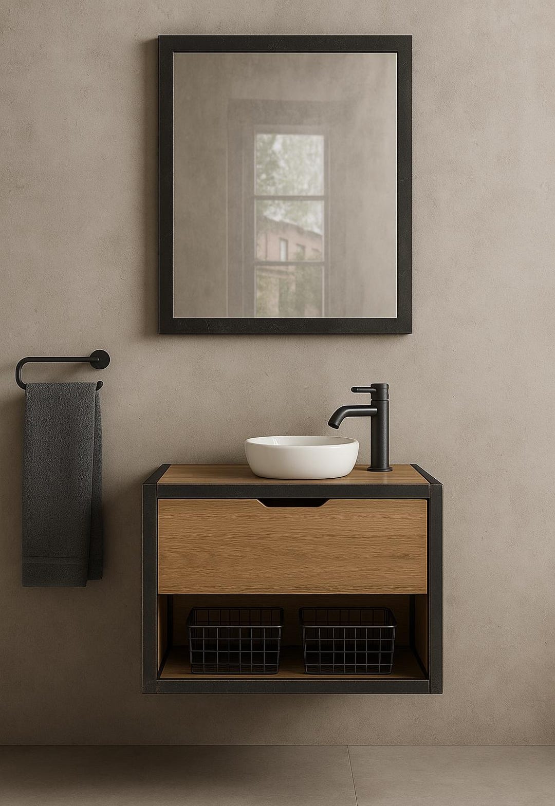 Industrial Bathroom Cabinet Suspended in Iron and Wood • Handcrafted ...