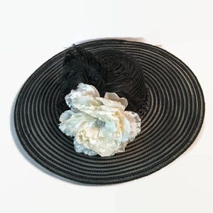 Black Wide Brimmed Hat With A Cream And White Lace Peony, Special Occasion Hat, Church Hat, Wedding Hat, Womens Accessory