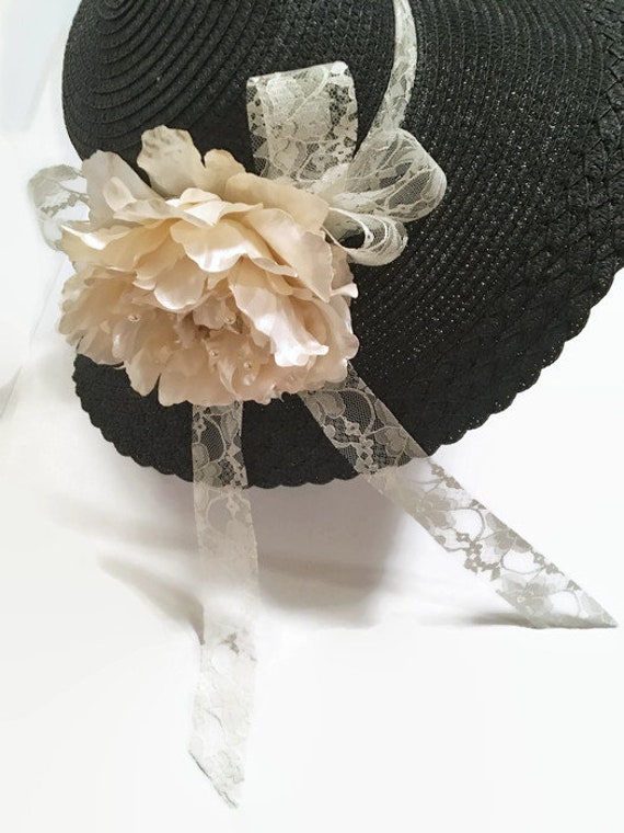 Black Lace Wide-Brim Dress Hat with Ribbon and Crystal Accent Black Wide Brim Women main image 2