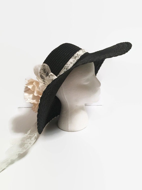 Black Lace Wide-Brim Dress Hat with Ribbon and Crystal Accent Black Wide Brim Women main image 4