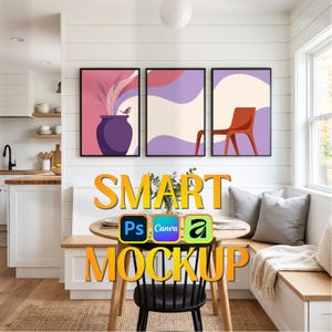 May include: Three framed abstract art prints with black frames hang above a round wooden table. The prints feature purple, pink, and orange color schemes. The text "SMART MOCKUP" is displayed in large orange letters.