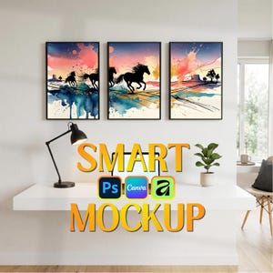 May include: Three framed art prints featuring watercolor paintings of running horses against a sunset backdrop. The artwork is in black frames. The text "SMART MOCKUP" is displayed in large, yellow letters below the artwork.