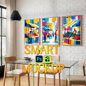 May include: Three framed art prints depicting vibrant market scenes with colorful stalls and figures. The artwork features bold use of yellow, blue, and pink. The text "SMART MOCKUP" is displayed below the art prints.